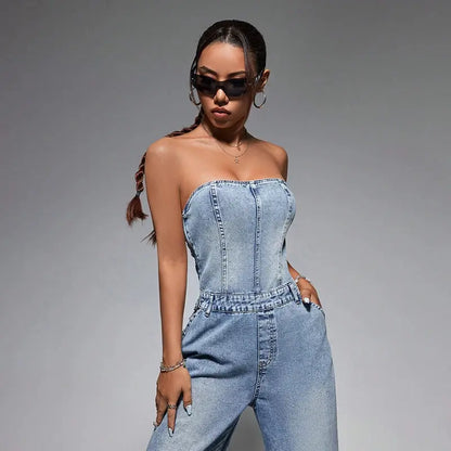 Off Shoulder Blue Denim Jumpsuits Women Sexy Sleeveless Tube Top Button Vintage Jumpsuits Summer High Waist Wide Leg Playsuits FZwear