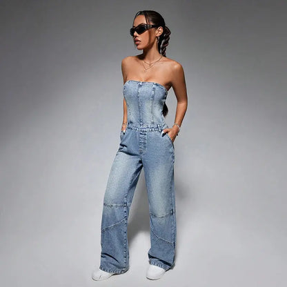 Off Shoulder Blue Denim Jumpsuits Women Sexy Sleeveless Tube Top Button Vintage Jumpsuits Summer High Waist Wide Leg Playsuits FZwear