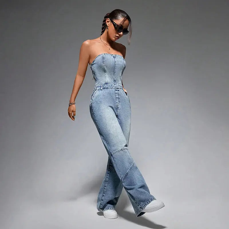 Off Shoulder Blue Denim Jumpsuits Women Sexy Sleeveless Tube Top Button Vintage Jumpsuits Summer High Waist Wide Leg Playsuits FZwear