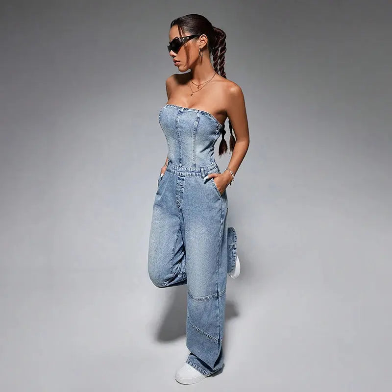 Off Shoulder Blue Denim Jumpsuits Women Sexy Sleeveless Tube Top Button Vintage Jumpsuits Summer High Waist Wide Leg Playsuits FZwear