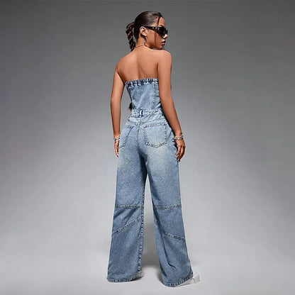 Off Shoulder Blue Denim Jumpsuits Women Sexy Sleeveless Tube Top Button Vintage Jumpsuits Summer High Waist Wide Leg Playsuits FZwear