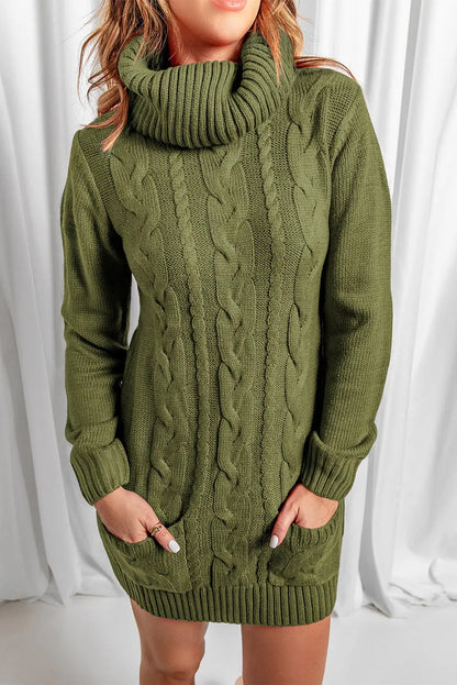 FZ Women's Olive Cowl Neck Cable Knit Sweater Dress