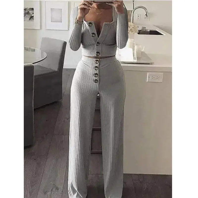 FZ Women's New Stripe Long Sleeve Slim Fit Solid Color Two Piece Pants Suit - FZwear