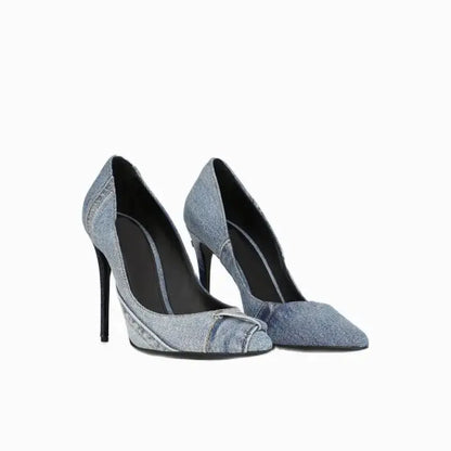 FZ Women's Patchwork Denim Pumps Belt Loop Pointed Toe Stiletto High Heels Shoes