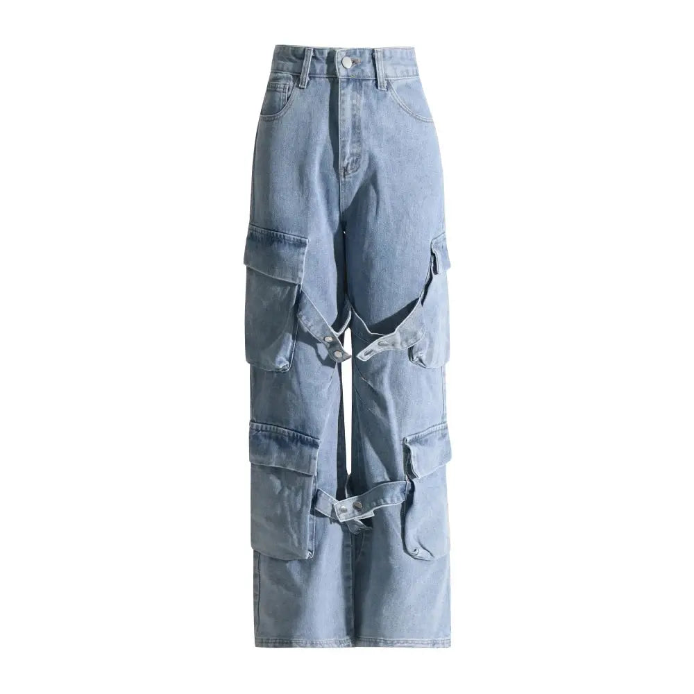 FZ Women High Waist Spliced Button Patchwork Casual Denim Pants