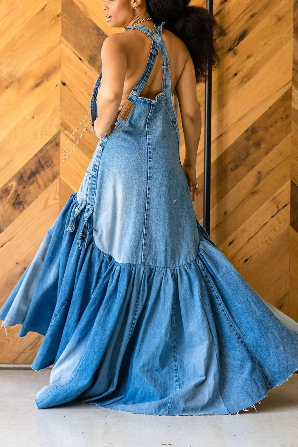 Plus Size Blue Daily Denim Ruffles Halter Mermaid Maxi Dress Sexy Women Long Dress FZwear