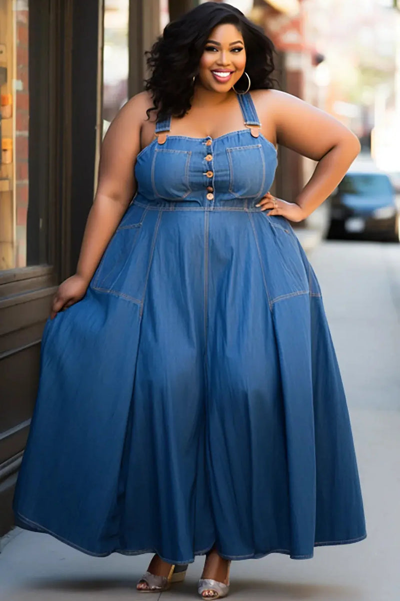 Plus Size Daily Blue Button Overall Tencel Denim Maxi Dresses