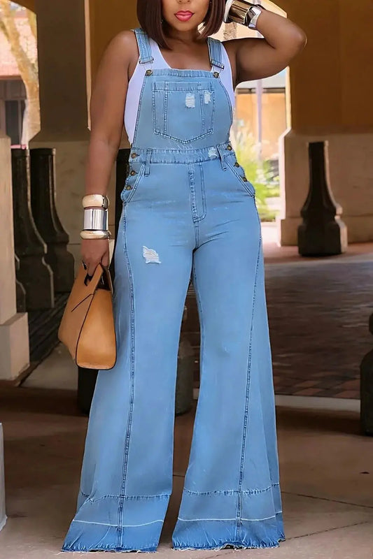 Plus Size Daily Blue Pocket Button Denim Strap Retro Jumpsuits FZwear