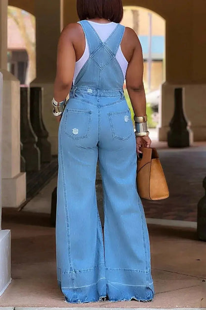 Plus Size Daily Blue Pocket Button Denim Strap Retro Jumpsuits FZwear