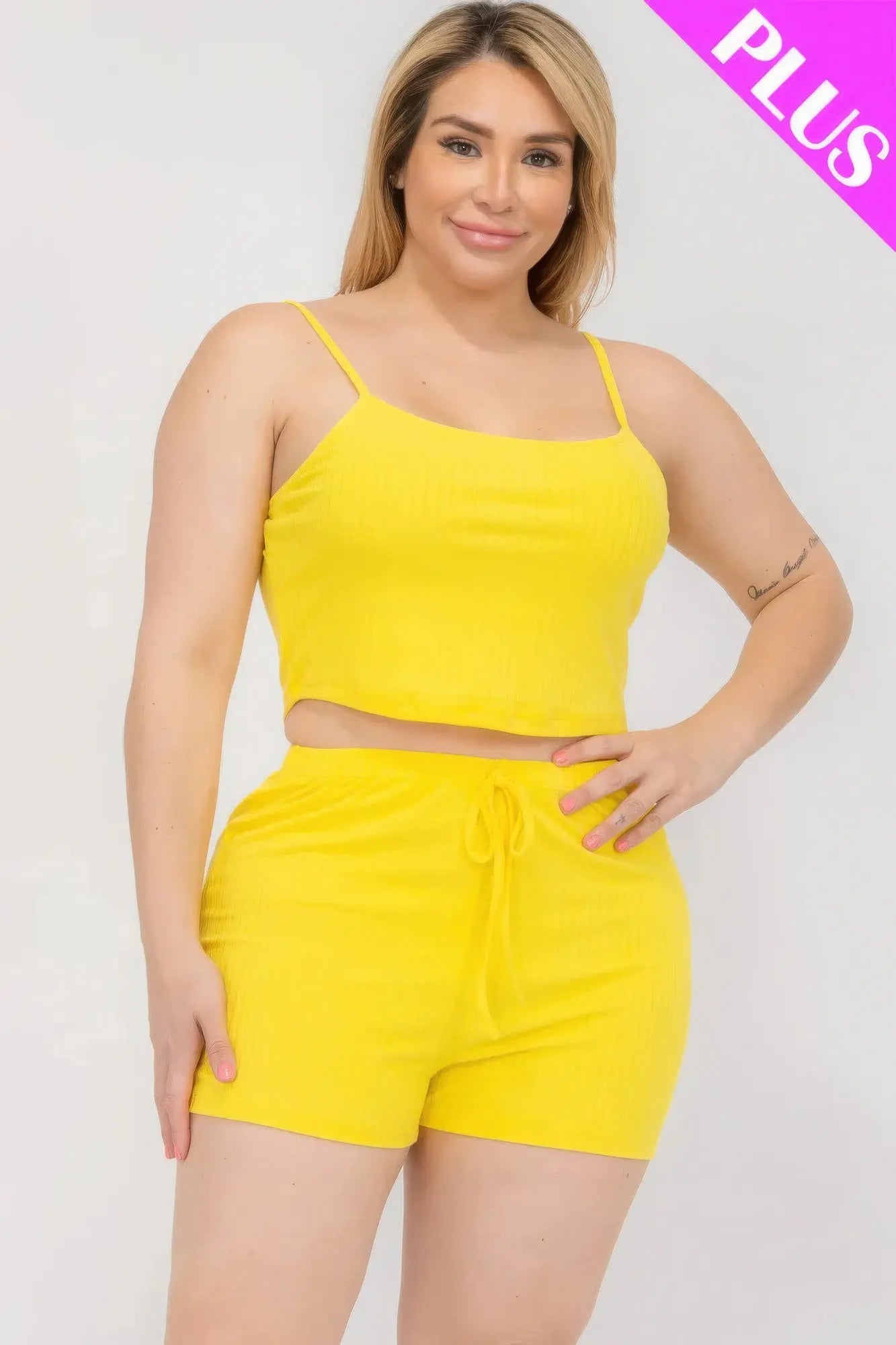 Plus Size Solid Ribbed Cami Top And Shorts Set CCWHOLESALECLOTHING