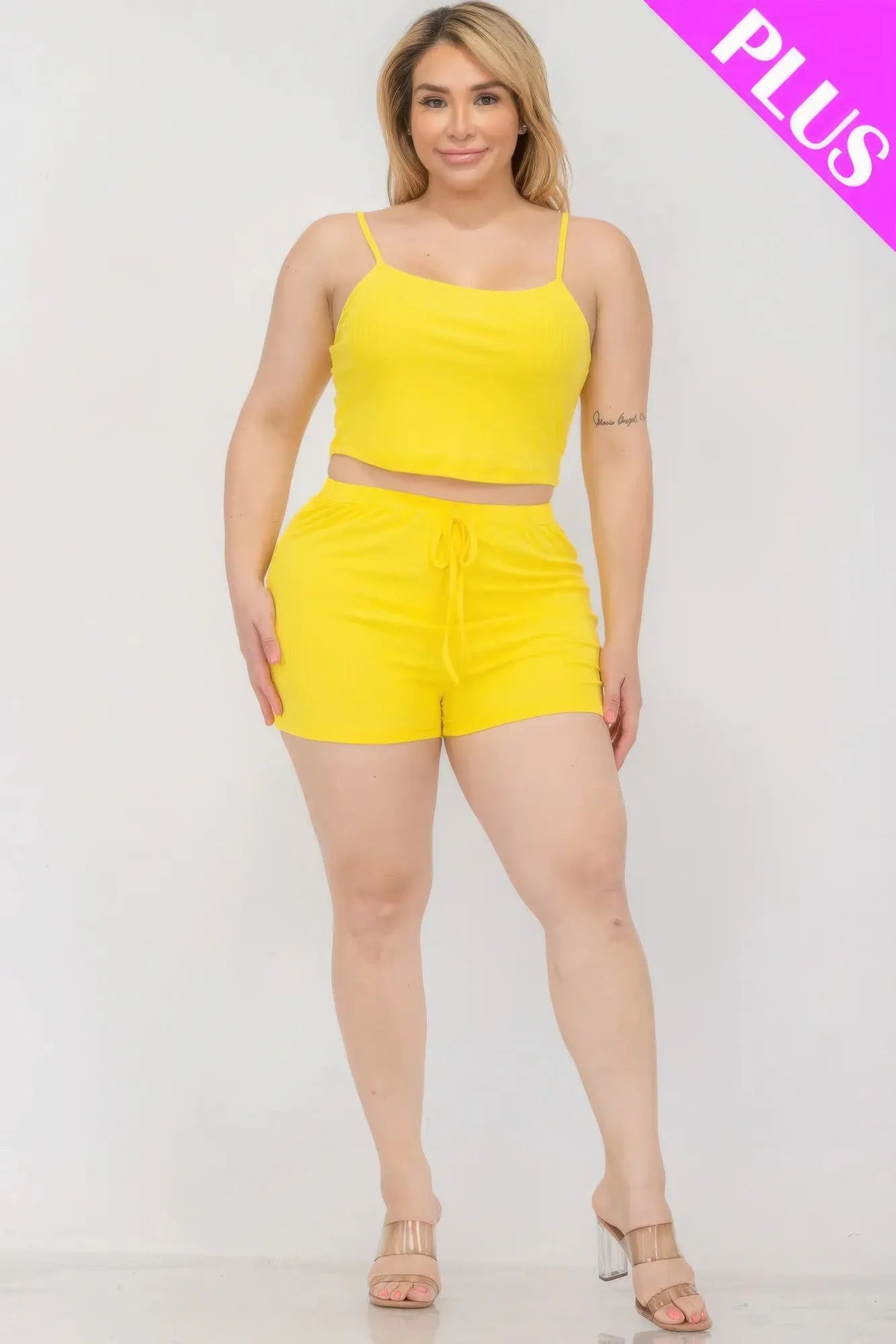 Plus Size Solid Ribbed Cami Top And Shorts Set CCWHOLESALECLOTHING