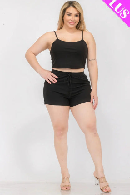 Plus Size Solid Ribbed Cami Top And Shorts Set CCWHOLESALECLOTHING