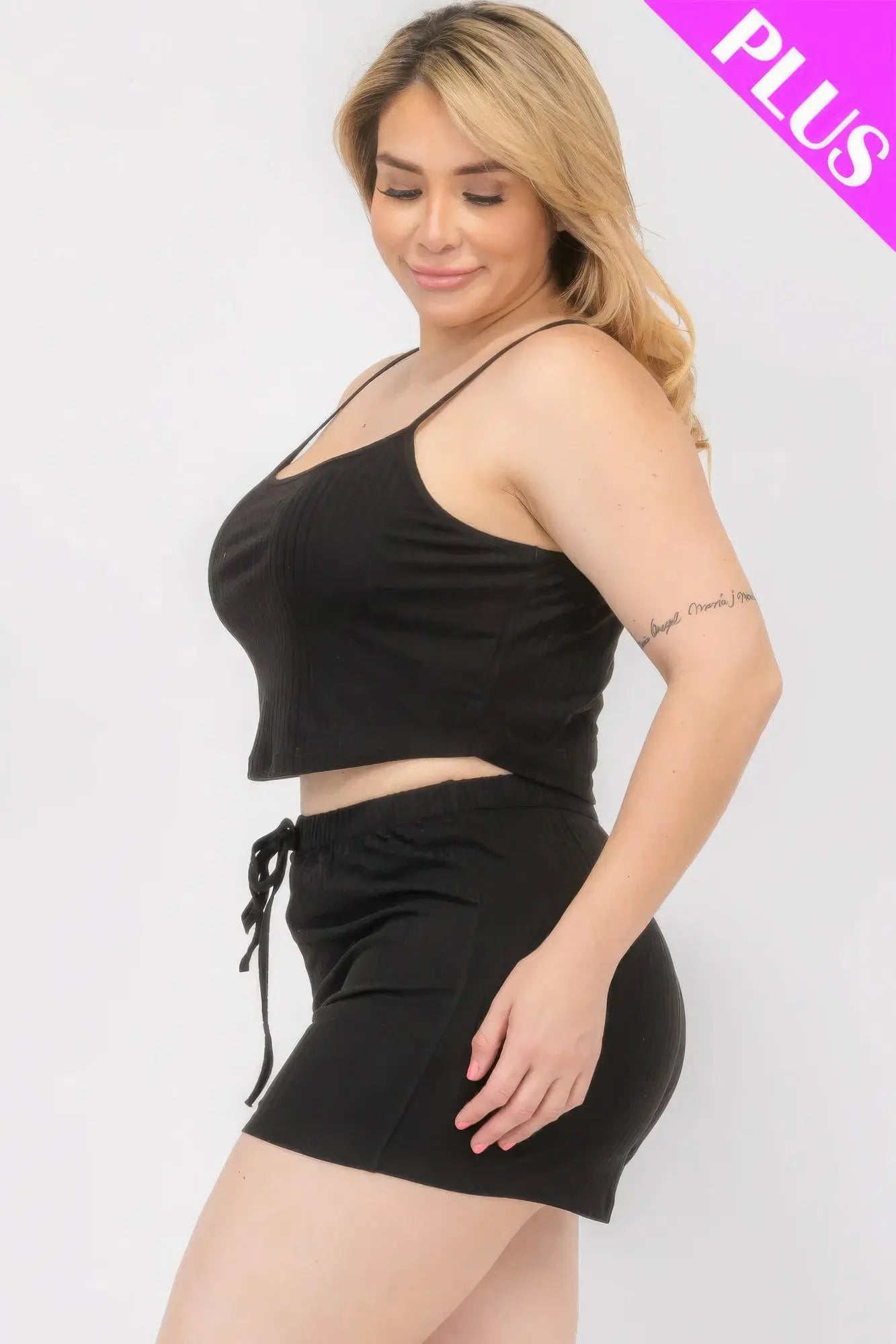 Plus Size Solid Ribbed Cami Top And Shorts Set CCWHOLESALECLOTHING