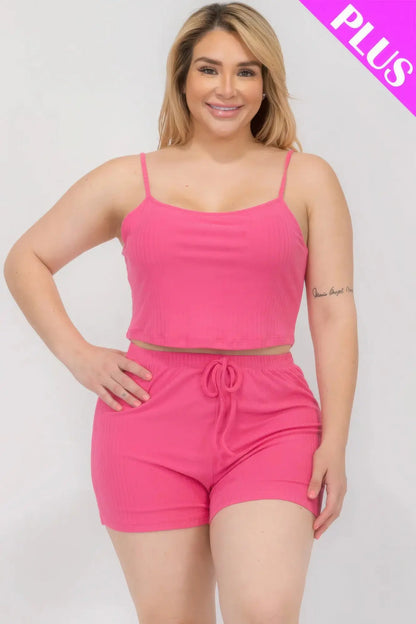 Plus Size Solid Ribbed Cami Top And Shorts Set CCWHOLESALECLOTHING