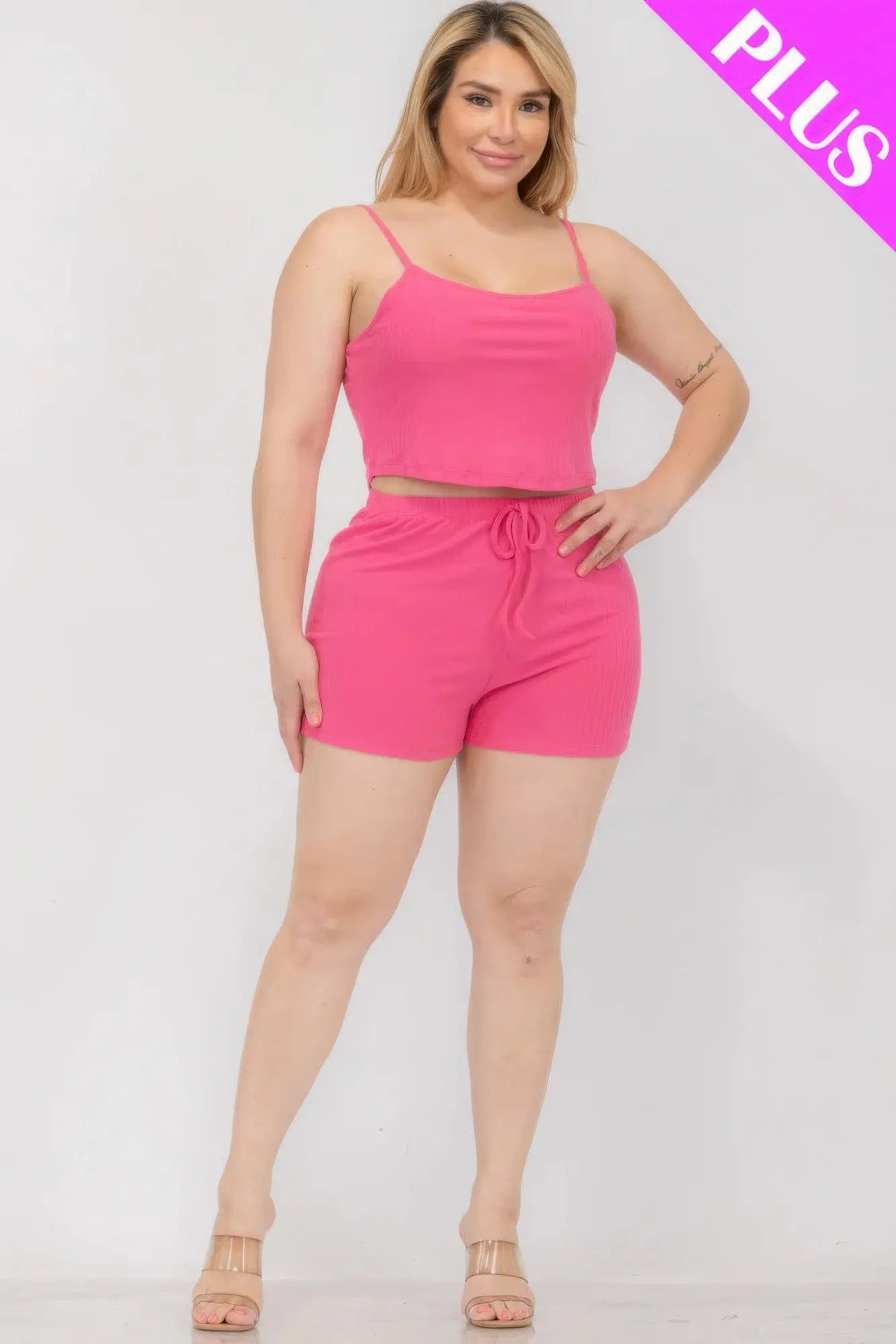 Plus Size Solid Ribbed Cami Top And Shorts Set CCWHOLESALECLOTHING