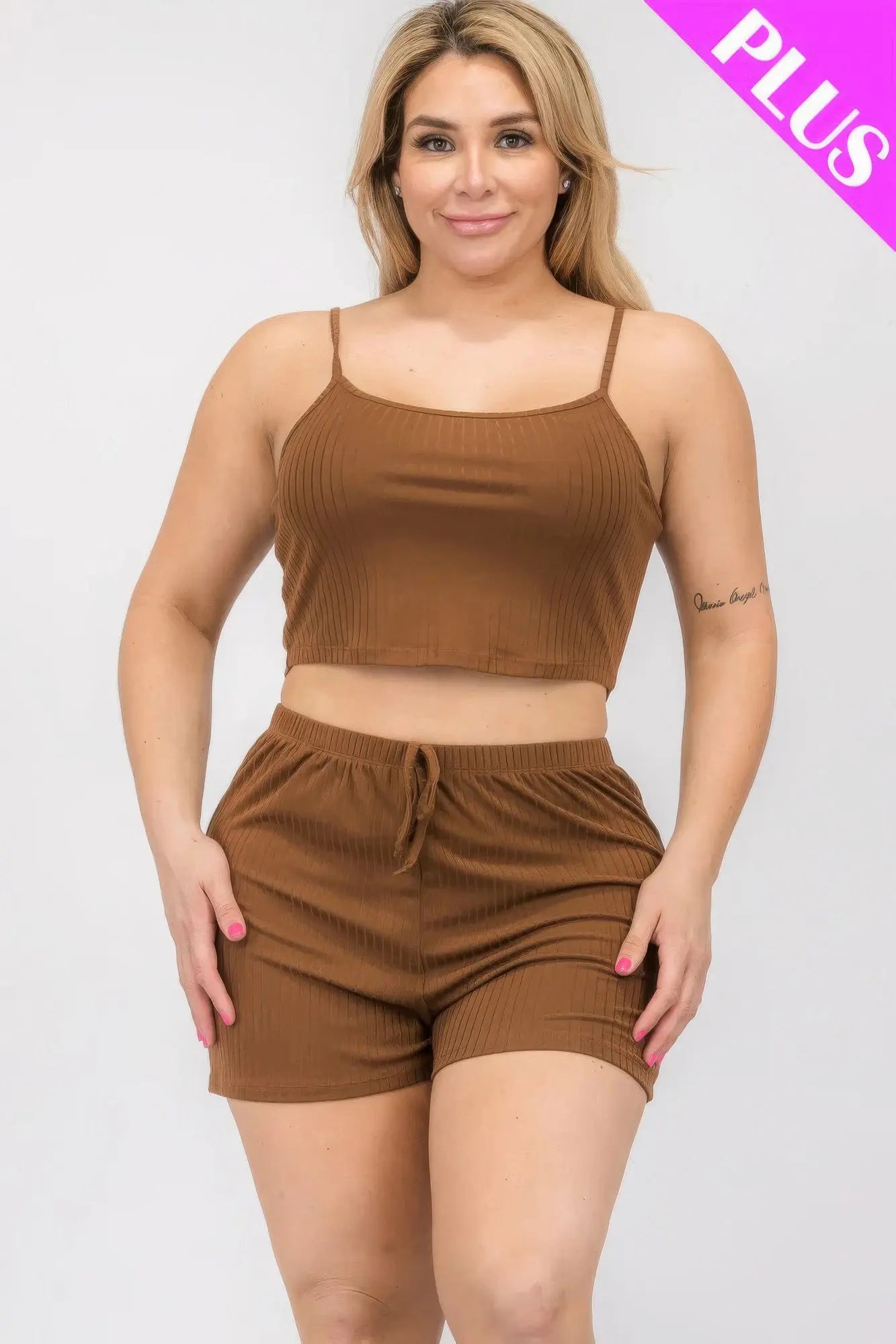 Plus Size Solid Ribbed Cami Top And Shorts Set CCWHOLESALECLOTHING