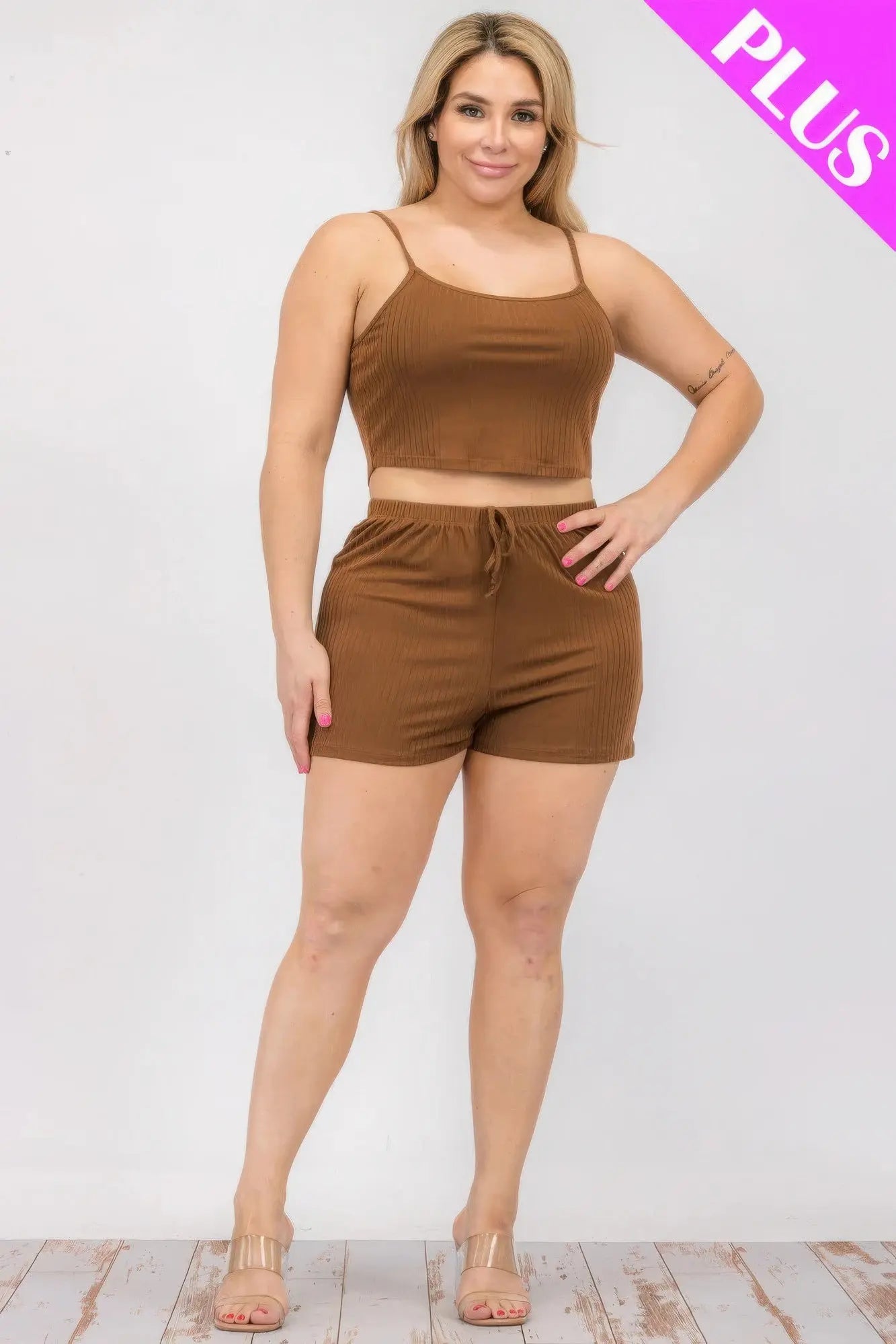 Plus Size Solid Ribbed Cami Top And Shorts Set CCWHOLESALECLOTHING