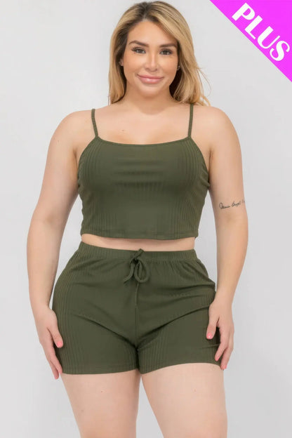 Plus Size Solid Ribbed Cami Top And Shorts Set CCWHOLESALECLOTHING