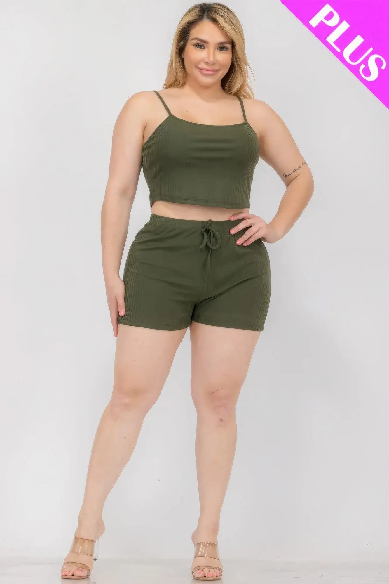 Plus Size Solid Ribbed Cami Top And Shorts Set CCWHOLESALECLOTHING