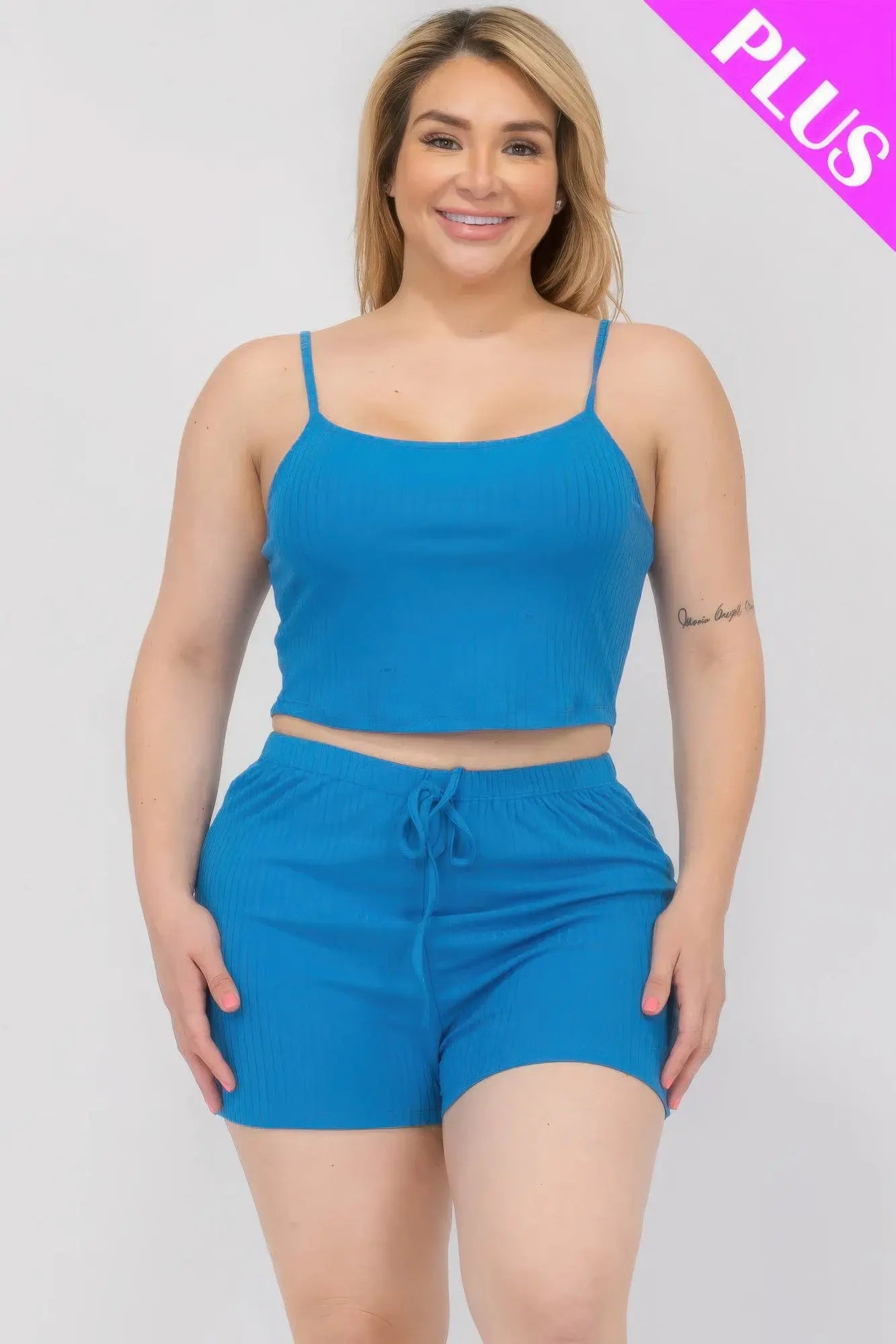 Plus Size Solid Ribbed Cami Top And Shorts Set CCWHOLESALECLOTHING