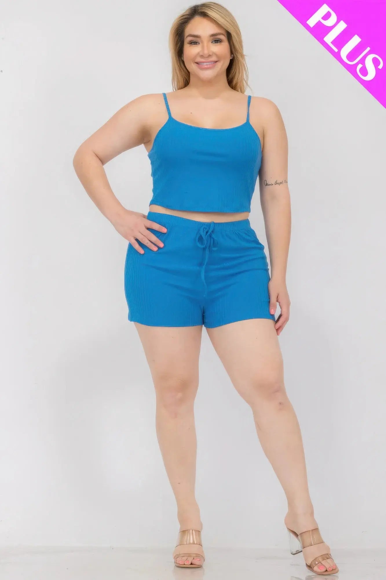 Plus Size Solid Ribbed Cami Top And Shorts Set CCWHOLESALECLOTHING