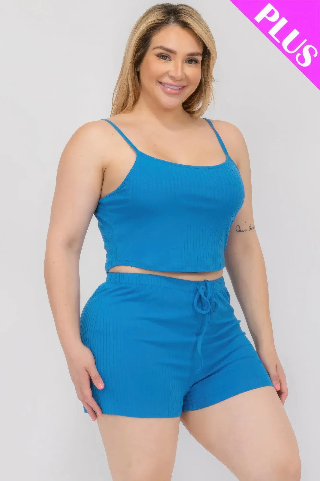 Plus Size Solid Ribbed Cami Top And Shorts Set CCWHOLESALECLOTHING