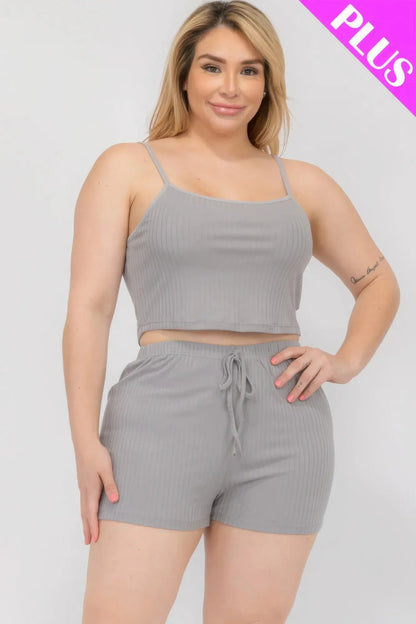 Plus Size Solid Ribbed Cami Top And Shorts Set CCWHOLESALECLOTHING