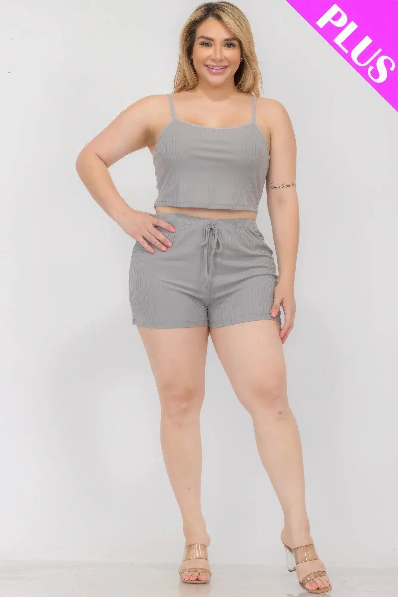 Plus Size Solid Ribbed Cami Top And Shorts Set CCWHOLESALECLOTHING