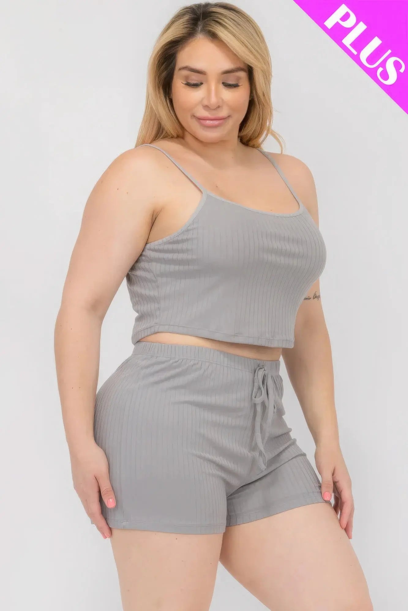 Plus Size Solid Ribbed Cami Top And Shorts Set CCWHOLESALECLOTHING