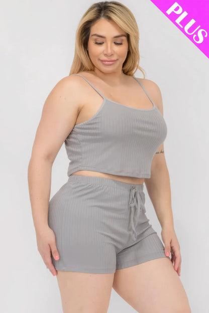 Plus Size Solid Ribbed Cami Top And Shorts Set CCWHOLESALECLOTHING