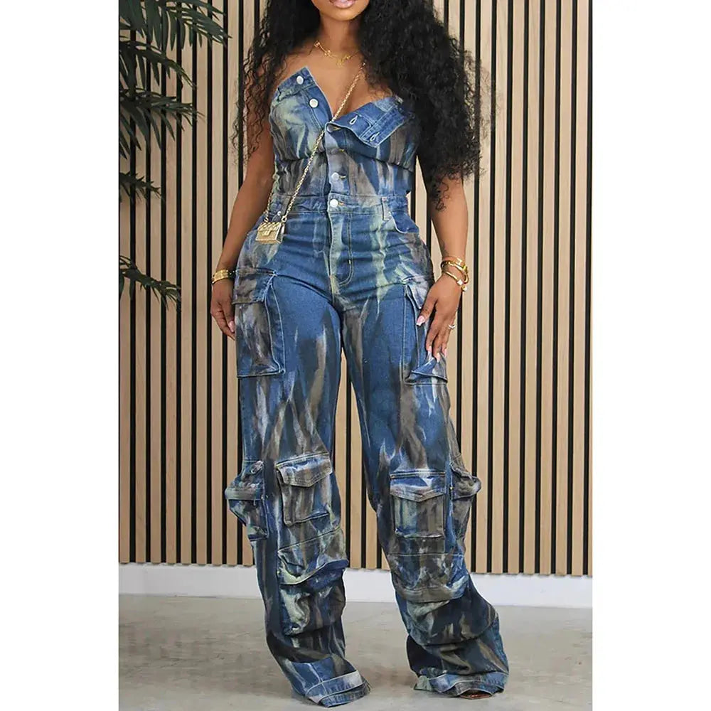 Plus Size Women's Denim Jumpsuit Blue Camouflage Off-the-shoulder Pocket Button Workwear Denim Jumpsuit FZwear