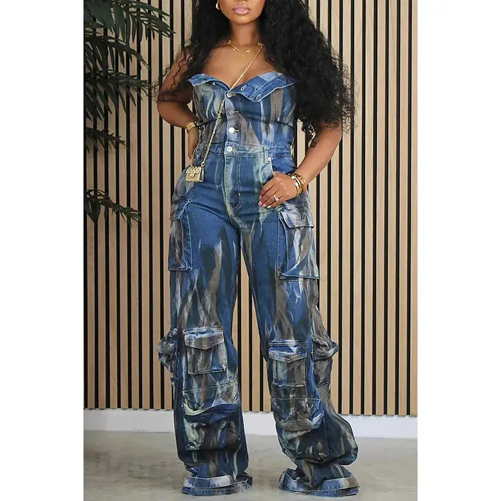 Plus Size Women's Denim Jumpsuit Blue Camouflage Off-the-shoulder Pocket Button Workwear Denim Jumpsuit FZwear