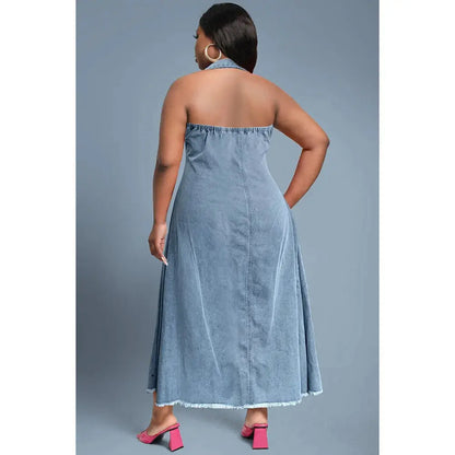 Plus Size Women's Dress Light Blue Halter Neck Ripped Buttons Fashion Summer Denim Long Skirt FZwear