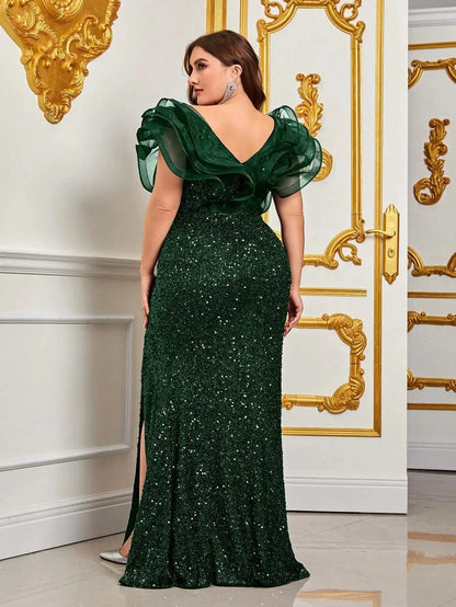 Plusee Plus Size Female Dresses V-neck Tiered Sleeve Sexy Slit Summer Dress For Women 2023 Elegant Lady Wedding Party Dresses FZwear