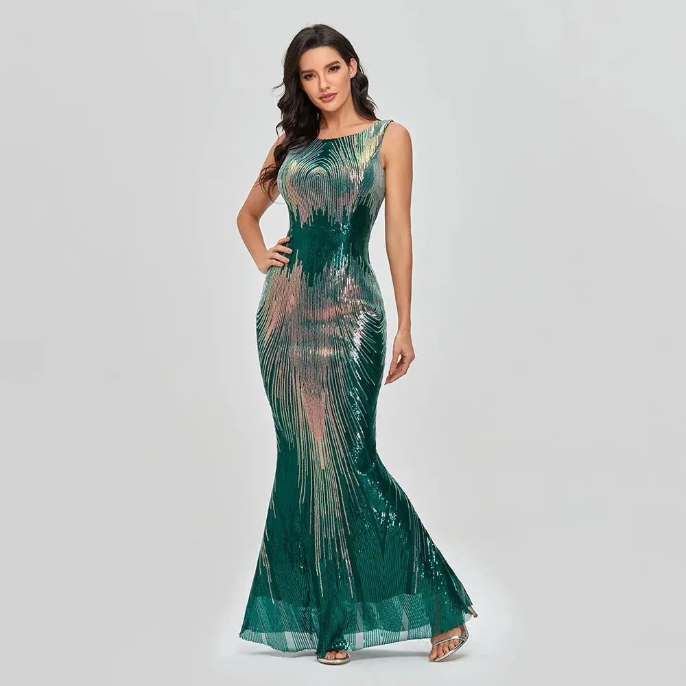 Prom Dress O-Neck Sequin Floor-Length Evening Gown Mermaid Prom Dresses FZwear