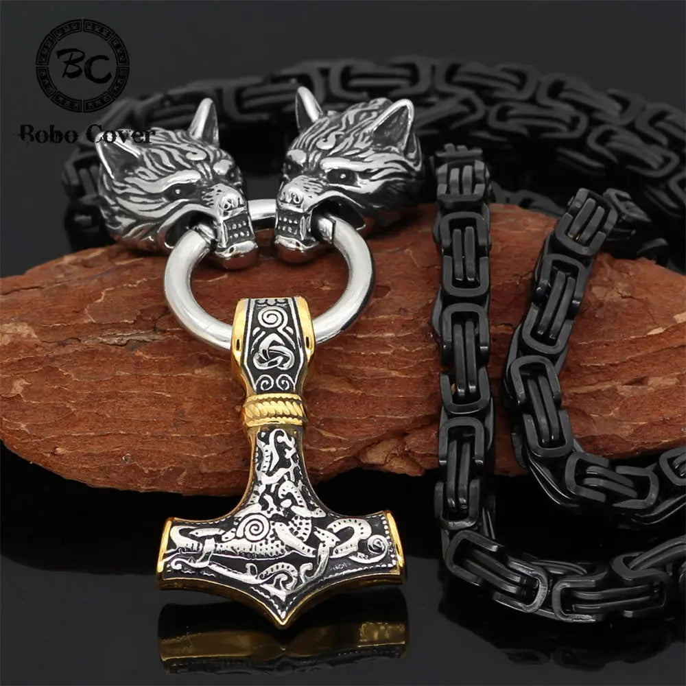 Punk Vikings Thor's Hammer Necklaces Men Stainless Steel King Chain Norse Celtic Wolf Vegvisir Amulet Scandinavian Jewelry Gifts FZwear