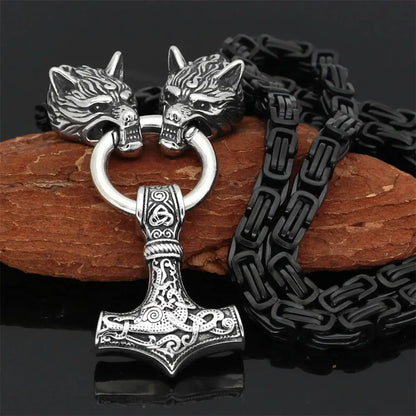 FZ Punk Vikings Thor's Hammer Stainless Steel Wolf Amulet Necklace - FZwear