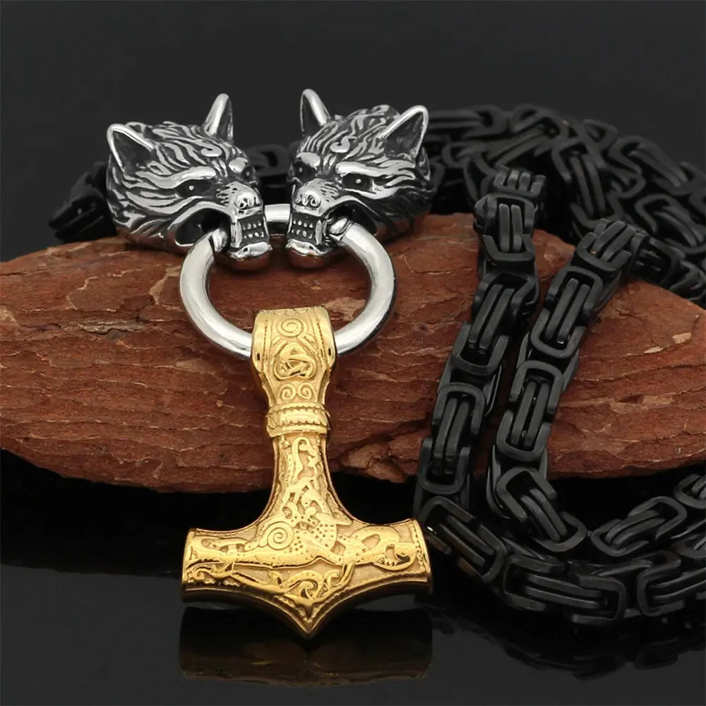 FZ Punk Vikings Thor's Hammer Stainless Steel Wolf Amulet Necklace - FZwear