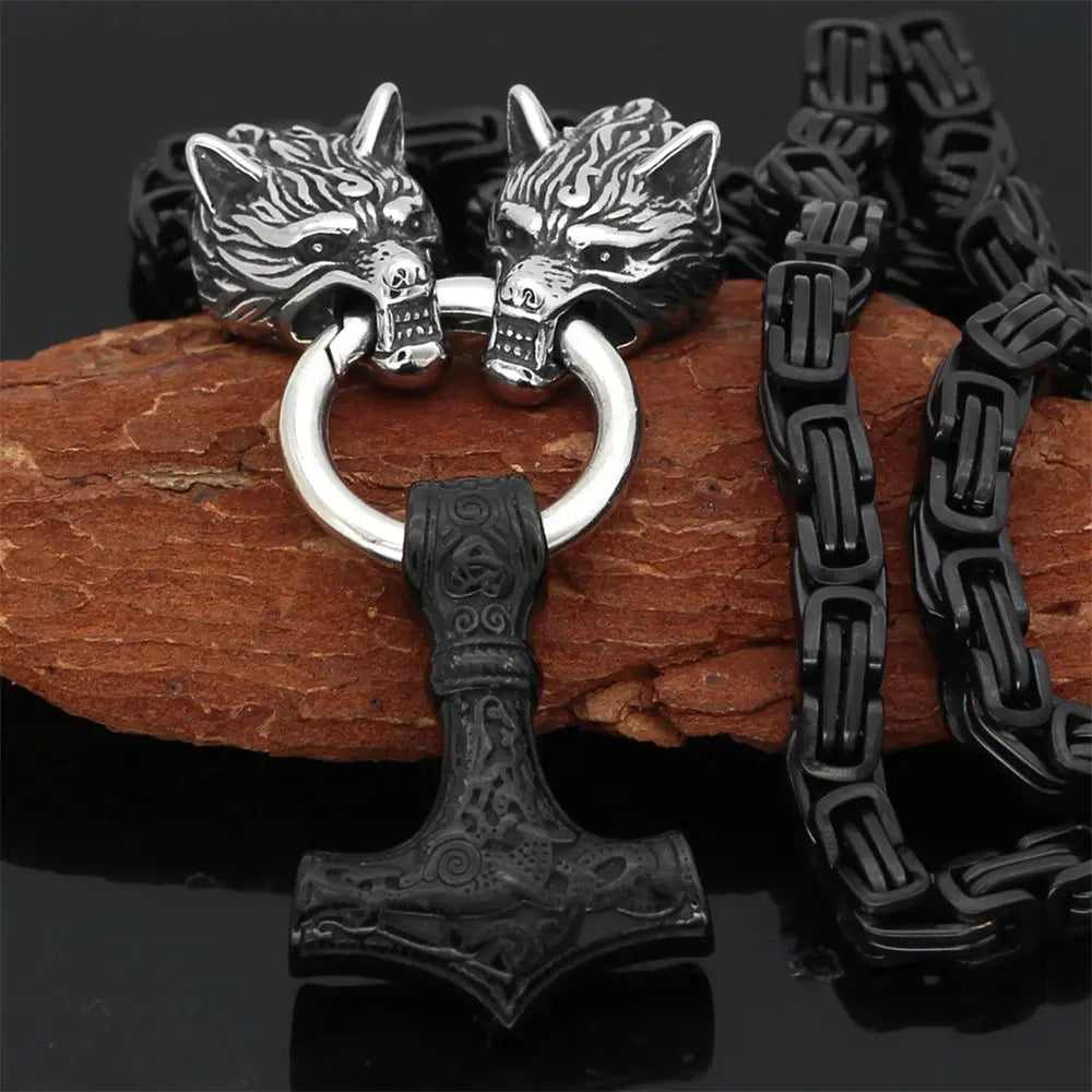 FZ Punk Vikings Thor's Hammer Stainless Steel Wolf Amulet Necklace - FZwear