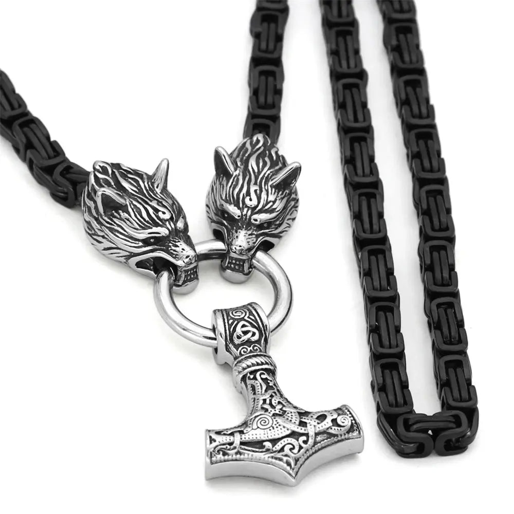 Punk Vikings Thor's Hammer Necklaces Men Stainless Steel King Chain Norse Celtic Wolf Vegvisir Amulet Scandinavian Jewelry Gifts FZwear