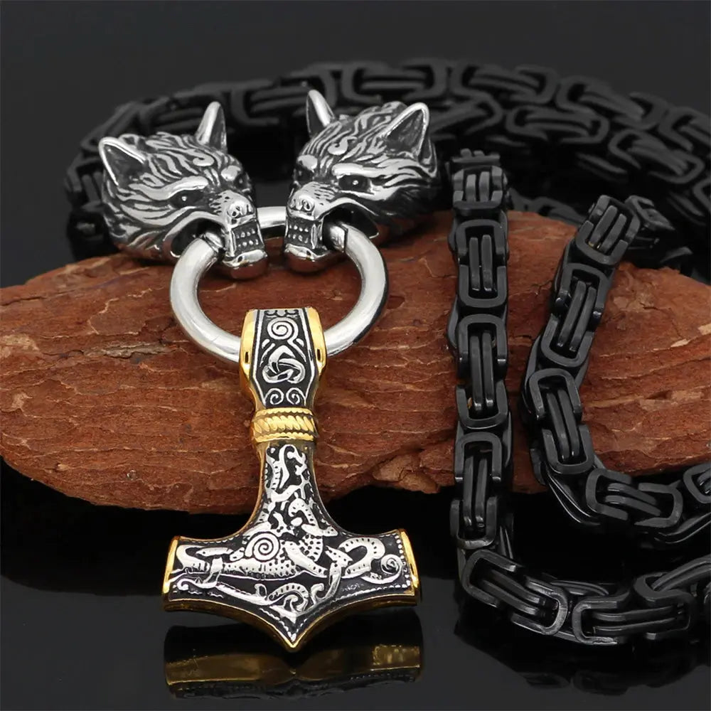 FZ Punk Vikings Thor's Hammer Stainless Steel Wolf Amulet Necklace - FZwear