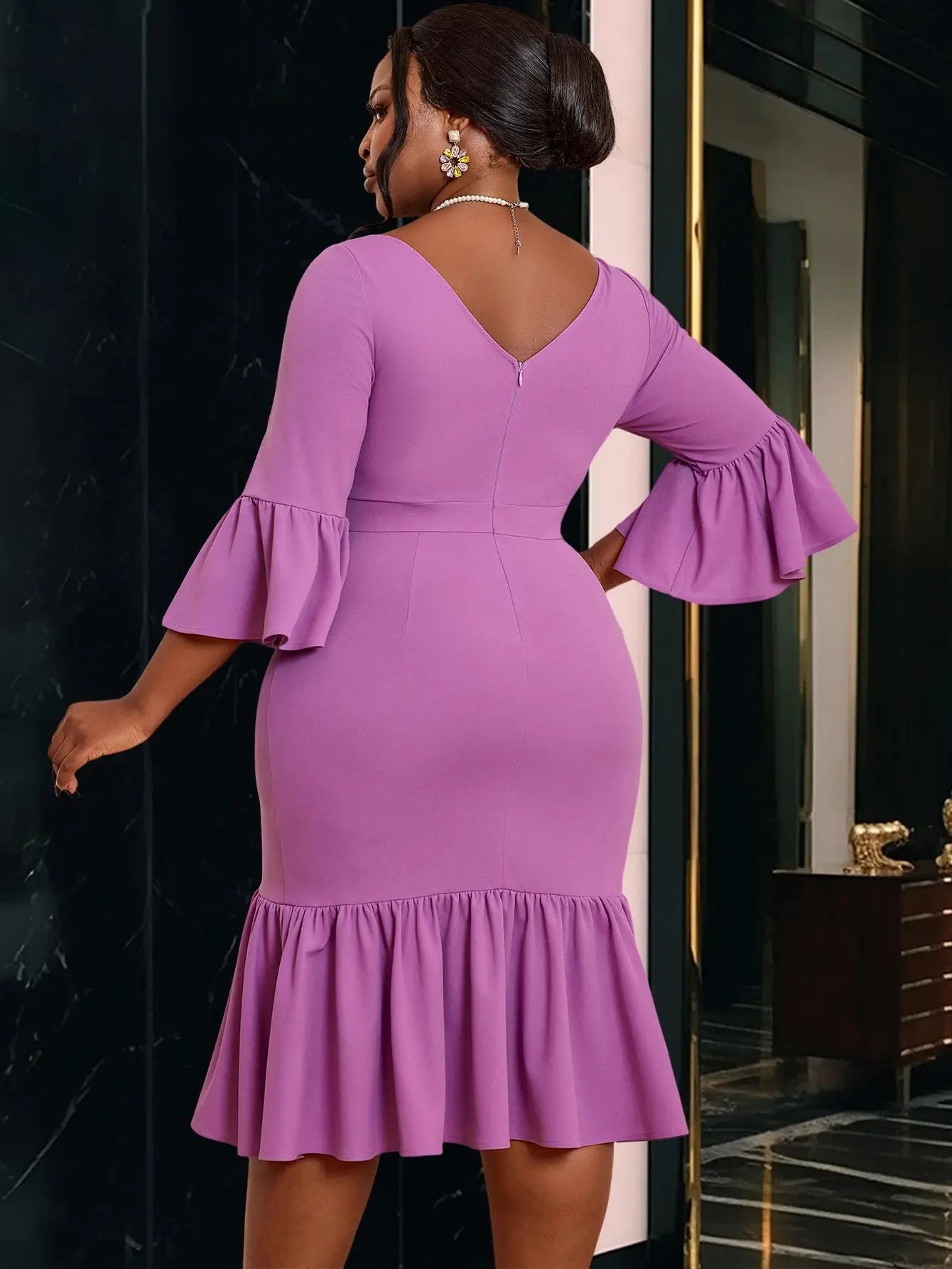 Pure Color Minimalist Patchwork Dress V-neck Ruffle Sleeve High Waisted Dress AOMEI New Sweet Purple Elegant Women's Dresses FZwear