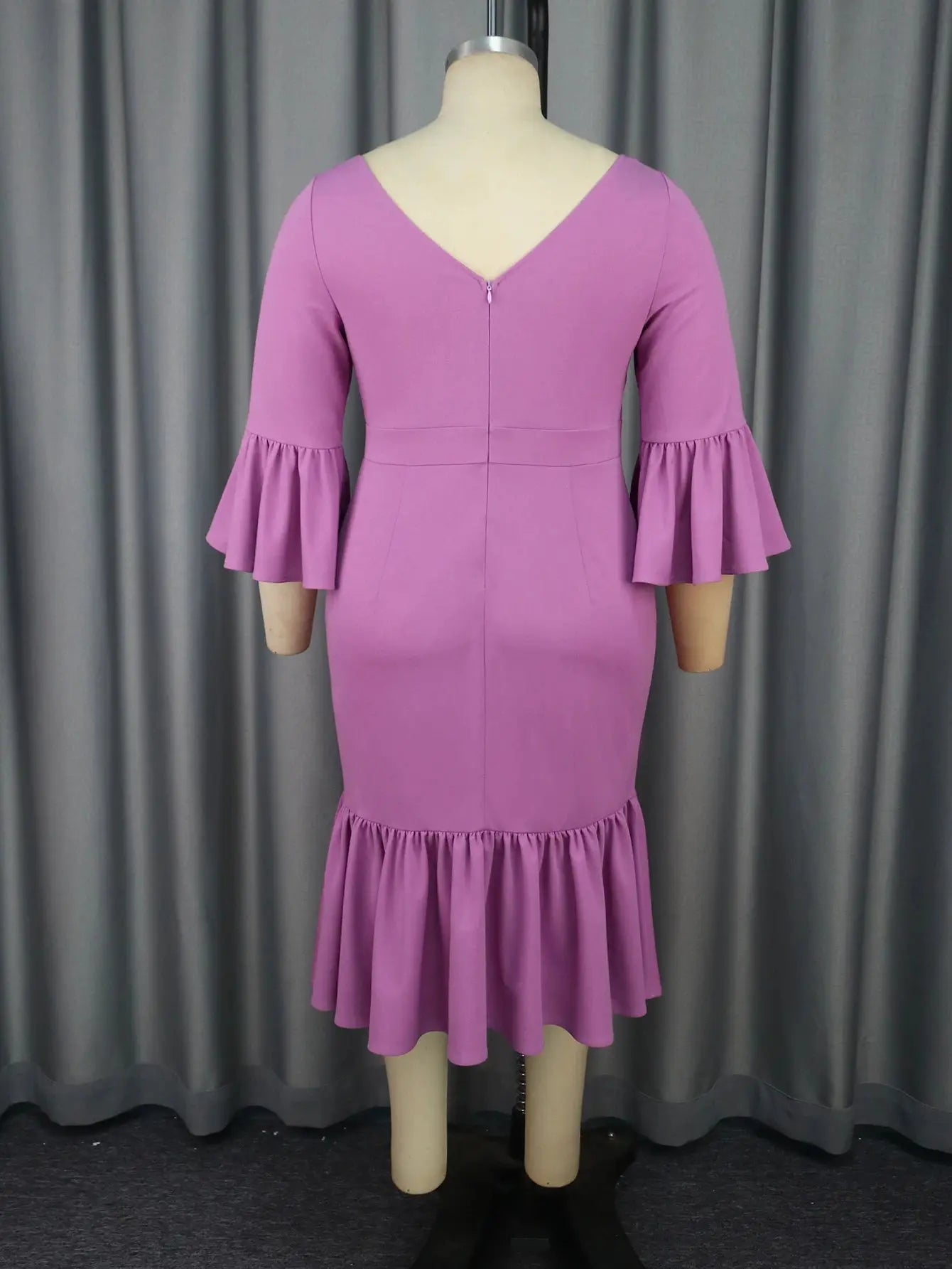 Pure Color Minimalist Patchwork Dress V-neck Ruffle Sleeve High Waisted Dress AOMEI New Sweet Purple Elegant Women's Dresses FZwear
