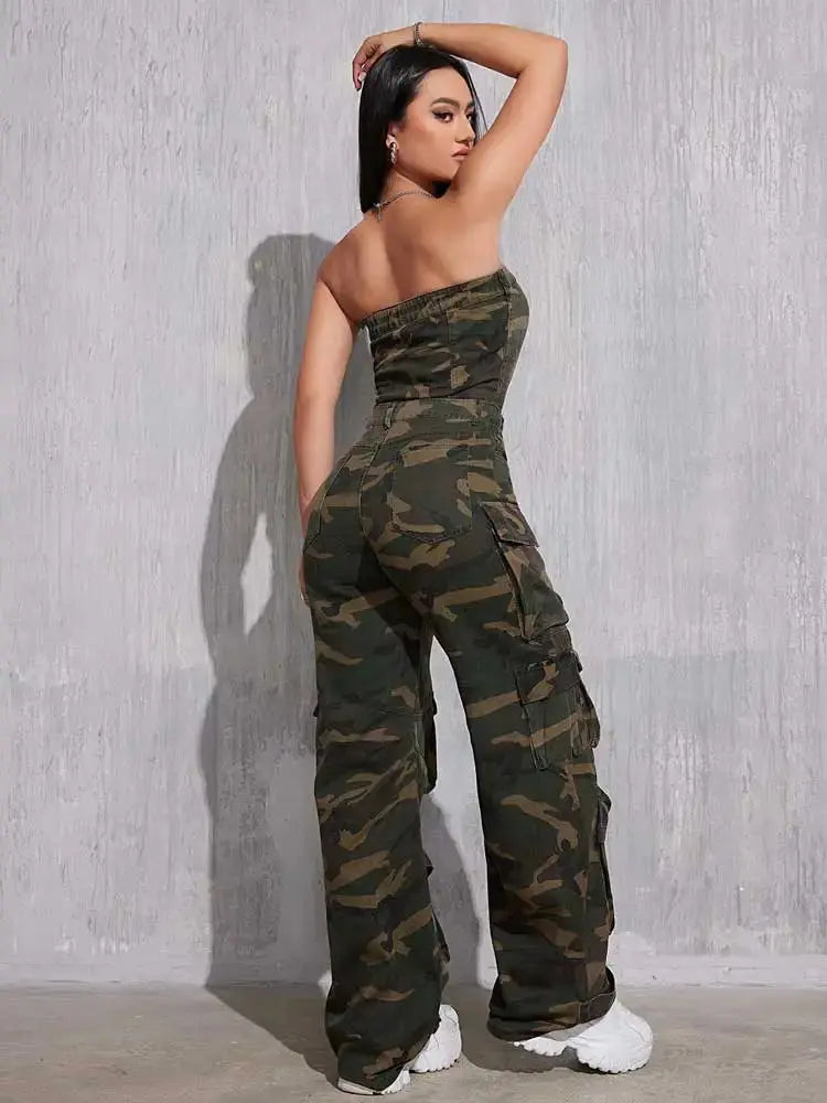 REDDACHiC Camouflage Button Front Denim Tube Jumpsuit Women Retro Y2k Function Pockets Sleeveless One-piece Overalls Work Wear FZwear