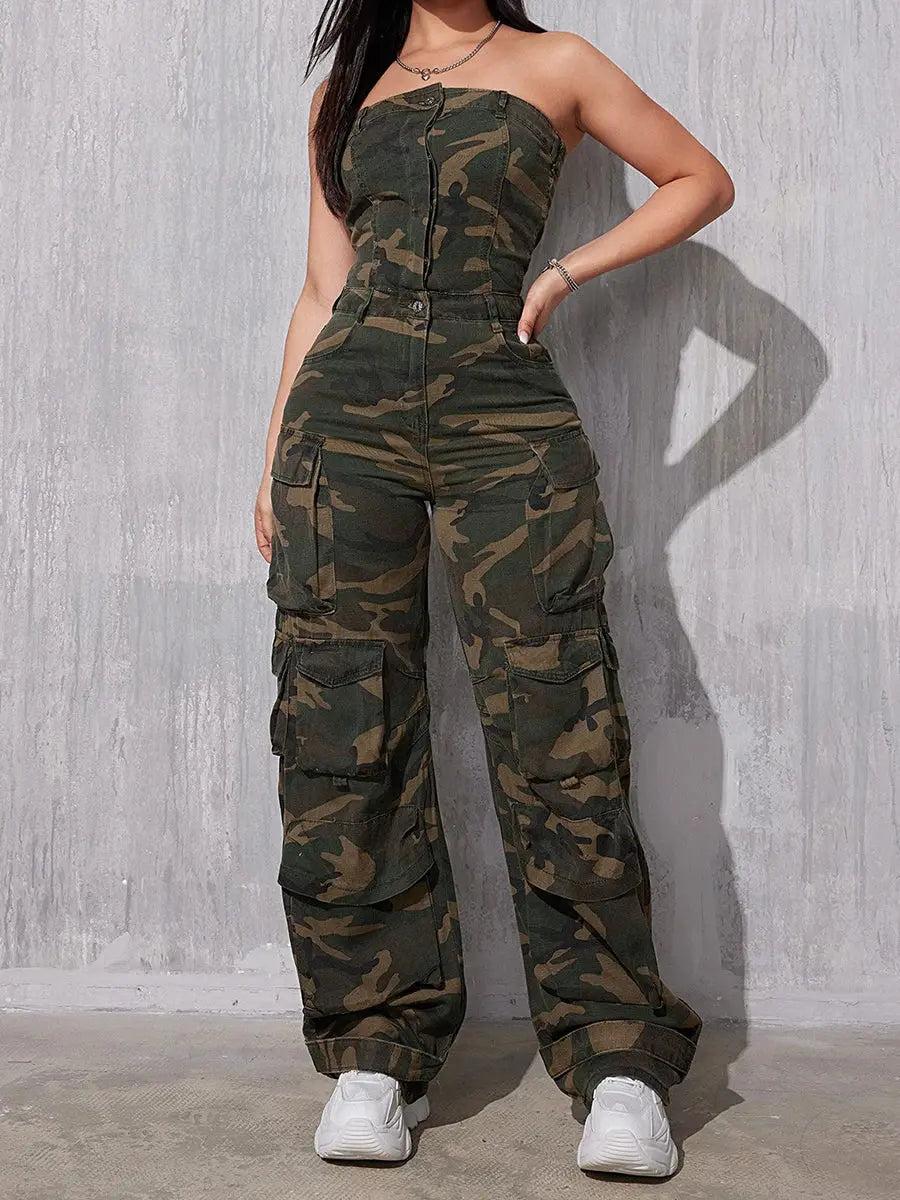 REDDACHiC Camouflage Button Front Denim Tube Jumpsuit Women Retro Y2k Function Pockets Sleeveless One-piece Overalls Work Wear FZwear