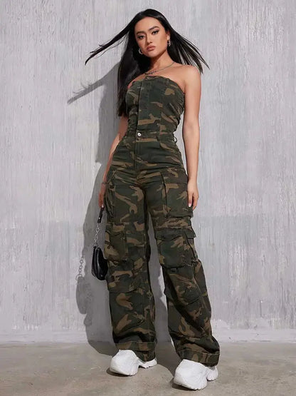 REDDACHiC Camouflage Button Front Denim Tube Jumpsuit Women Retro Y2k Function Pockets Sleeveless One-piece Overalls Work Wear FZwear