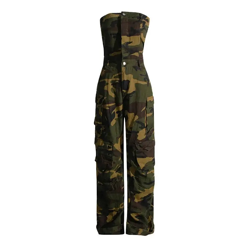 FZ Women's Camouflage Button Front Denim Tube Retro Y2k Jumpsuit