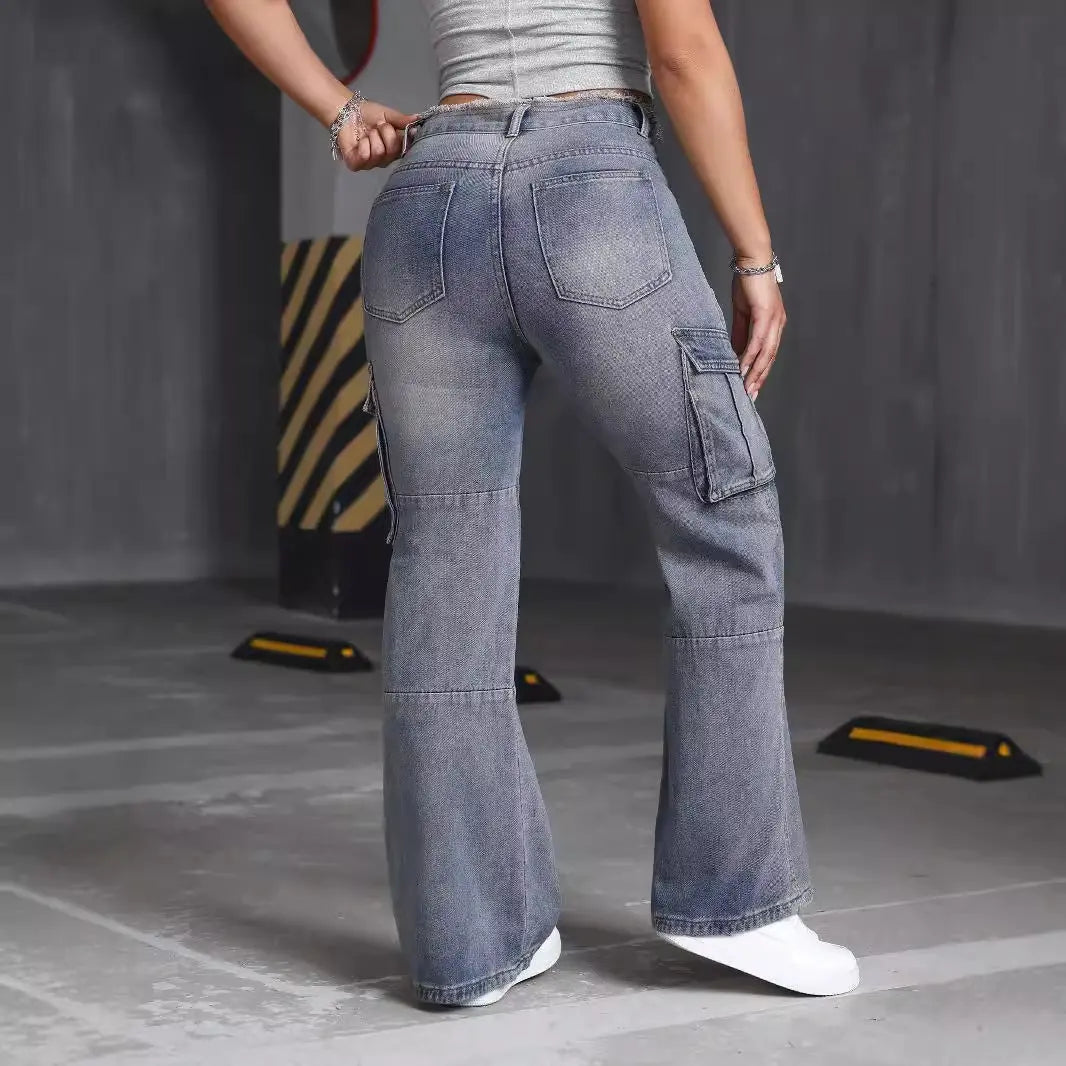 Retro High Street Multi Pocket Workwear Jeans Women Spring Summer Frayed Design Wide Trousers ZJean