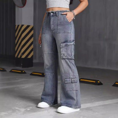 Retro High Street Multi Pocket Workwear Jeans Women Spring Summer Frayed Design Wide Trousers ZJean