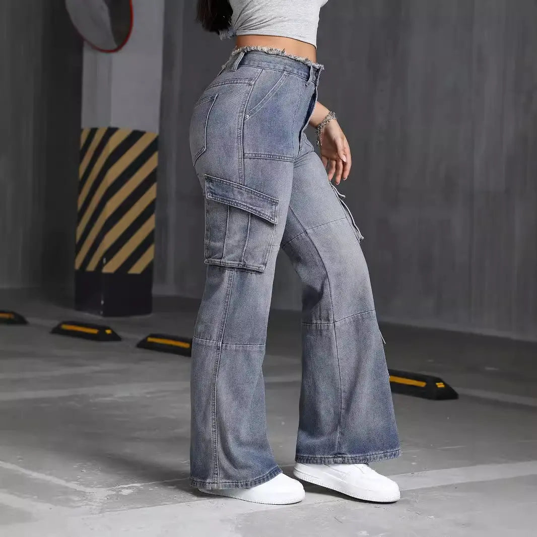 Retro High Street Multi Pocket Workwear Jeans Women Spring Summer Frayed Design Wide Trousers ZJean